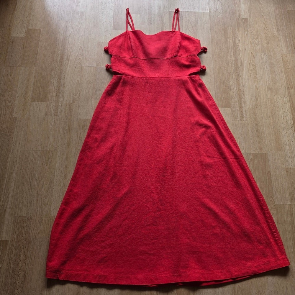 WAYF Red Linen Blend Side Cutout Midi Dress Womens Large Smocked Back Summer - Picture 9 of 11